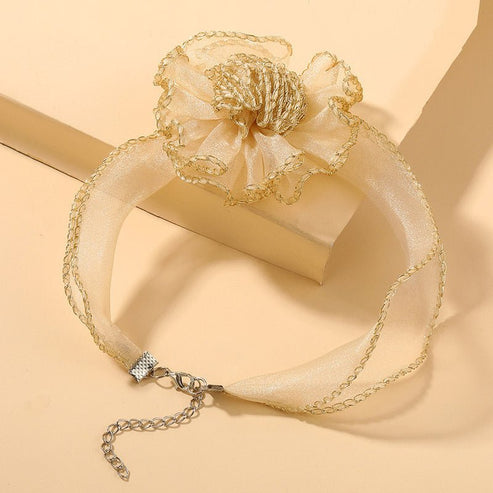 Champagne 3D Flower Lace Choker Necklace – Elegant Transparent Mesh Clavicle Pendant for Women