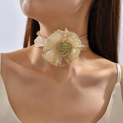Champagne 3D Flower Lace Choker Necklace – Elegant Transparent Mesh Clavicle Pendant for Women
