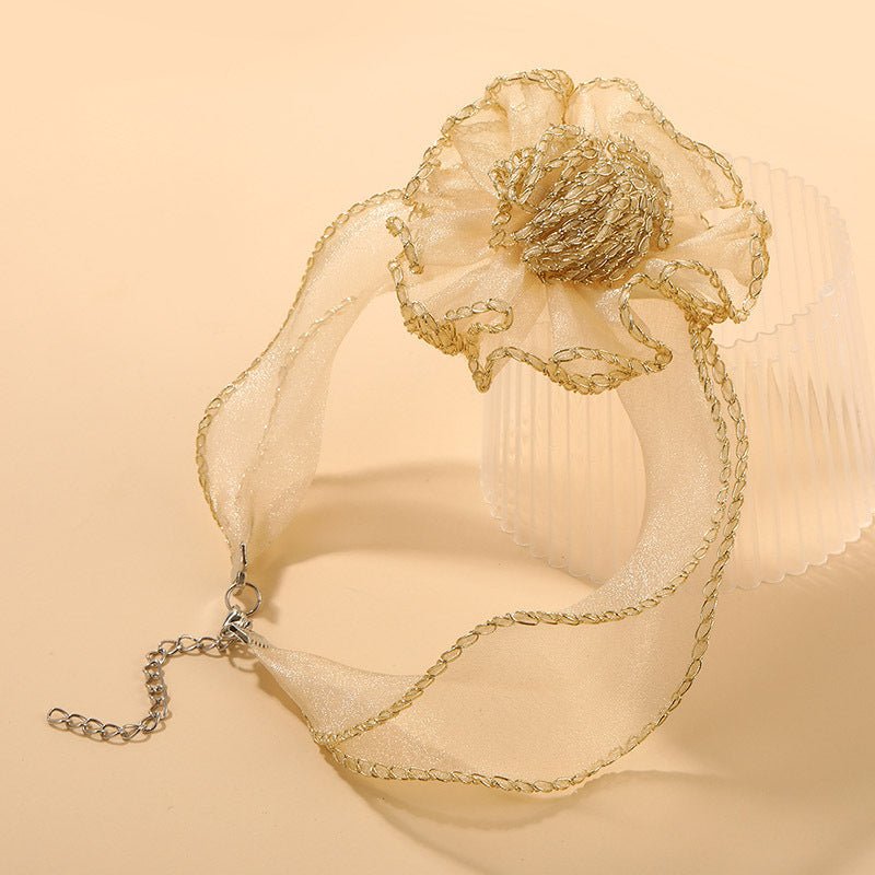 Champagne 3D Flower Lace Choker Necklace – Elegant Transparent Mesh Clavicle Pendant for Women
