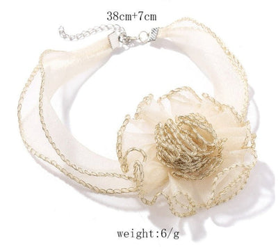 Champagne 3D Flower Lace Choker Necklace – Elegant Transparent Mesh Clavicle Pendant for Women